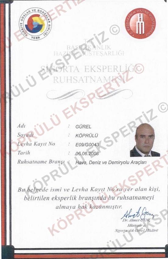 Hava, deniz ve demiryolu araçları branşı eksperlik ruhsatnamesi